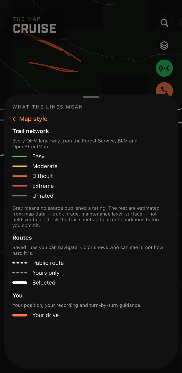 The Ohver map legend: easy, moderate, difficult, extreme and unrated trail colors, with a note that gray means no source published a rating.